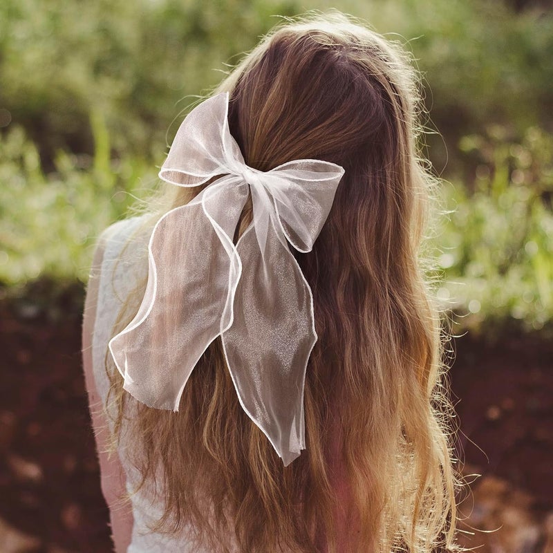 STSTR 2Pcs Large Hair Bow Clips, White Silk Yarn Ribbon Bow Hair Barrette for Women, Elegant Long Tail Bowknot French Hairstylist Accessories for Wedding, Parties, Festivals - Style 3 - Image 5